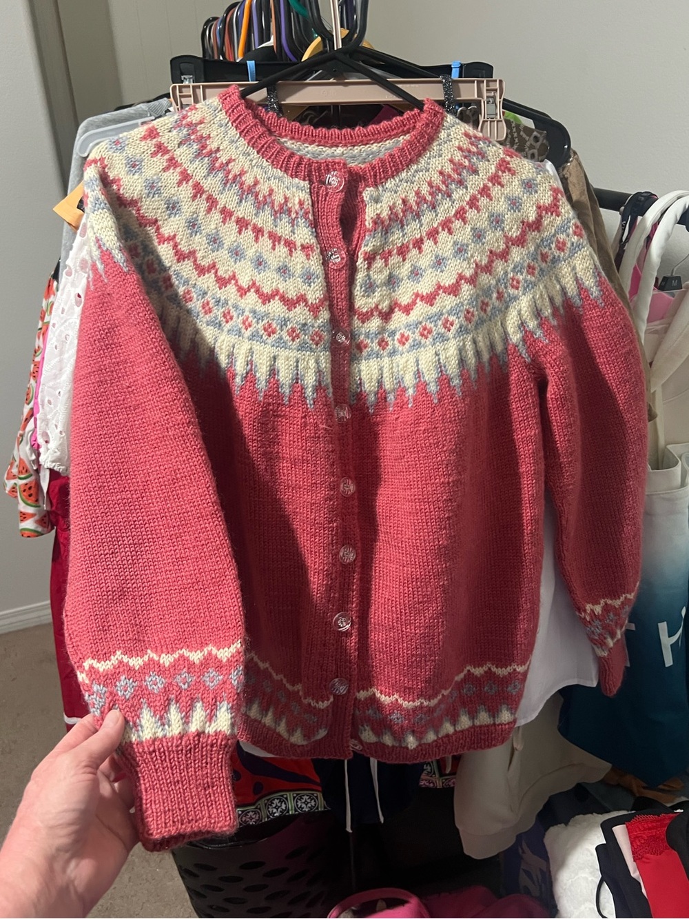 Women’s Pink Fair Isle Button-Front Cardigan Sweater - Picture 2 of 16
